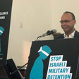 Representative Luis Gutierrez speaking at a rally urging fellow members of Congress to join him in backing a bill supporting Palestinian children’s rights. 