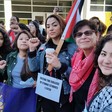Professor Rabab Abdulhadi stands with student supporters at San Francisco State University.