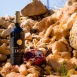 A wine bottle and a pomegranate are perched on some rocks