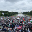Large crowd with flags near reflecting pool and grass