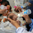 Several premature babies are fed milk from bottles.