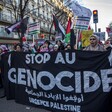 People carry black banner with white text reading Stop Au Genocide and Palestine flags