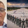 Collage: a man in Israeli air force uniform; military drones on an airfield