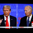 Presidential debate photo of a split screen with Donald Trump on left and Joe Biden on right