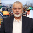 Ismail Haniyeh sits in front of backdrop showing Jerusalem holy sites