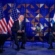 Blinken, Biden and Netanyahu seated amid US and Israeli flags