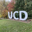 A three dimensional sign reading UCD with a lawn in front of it and trees behind it 