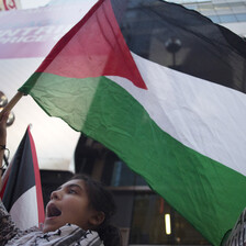 Adolescent girl holding Palestine flag chants during a protest