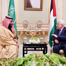Mohammad bin Salman and Mahmoud Abbas converse during meeting