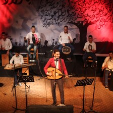 Aerial view of music band performing on stage