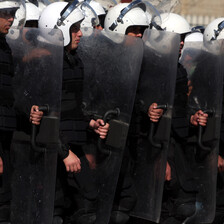 Palestinians anti-riot police deploy in Ramallah against Palestinian protesters.