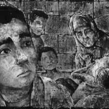 Scratchboard animation shows boy in foreground with children and older woman behind him
