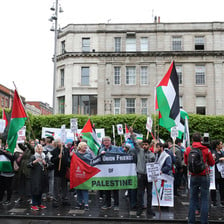 Crowd holding Palestine flags and banners stands outside building