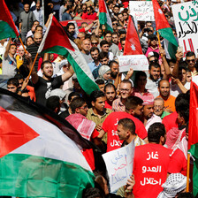 Crowd of dozens carry Jordanian flags, banners