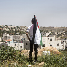 Boy holding Palestine flag looks at Israeli settlement homes