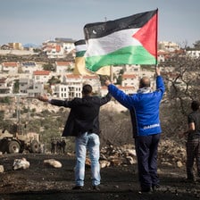 Two men hold up their arms while waving a Palestine flag and facing soldiers with settlement in background