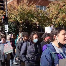 Students hold signs during a protest