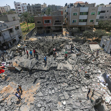 Aerial view of bombed-out city block