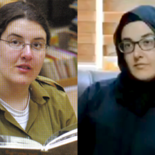 Montage of two photos of the same woman, one in military fatigues and the other in modest clothing of an Iraqi Muslim woman