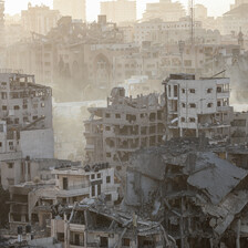 A view of damaged buildings following an Israeli airstrike on al-Rimal in Gaza City