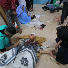 Blood stains can be seen on the ground of an overcrowded hospital in Gaza 