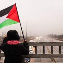 A girl waves the Palestinian flag over a highway