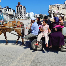 A family on a donkey-drawn cart leaving Jabaliya camp 