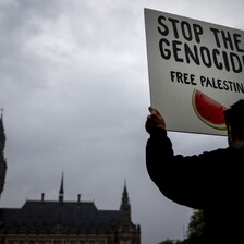 A man holds a sign saying "Stop the genocide: Free Palestine" outside the International Court of Justice