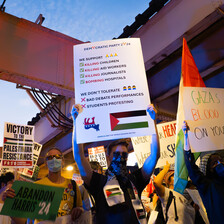 Man holds up sign with Palestine flag protesting the Democratic Party