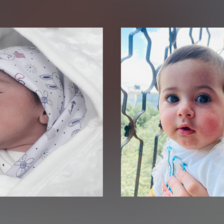 One photo of a newborn wrapped iin a white blanket; the other photo, to its right, of a round-cheeked baby looking into camera