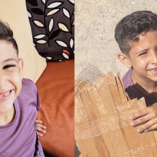 A young boy wearing a purple shirt smiles in two parallel images