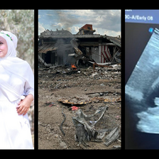 A composite photo shows a couple on their wedding day, a destroyed house and an ultrasound scan of a fetus 