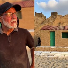 A split photo shows a man and his beachhut