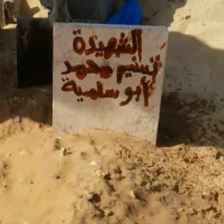 A makeshift gravestone placed atop soil, with the inscription: The Martyr Tasneem Muhammad Abu Salmiya. 