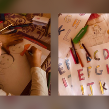 A composite shows a child drawing and a sheet with the English alphabet. 