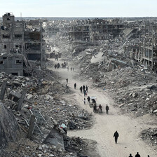 Landscape view shows people walking along cleared road in between collapsed multi-story buildings