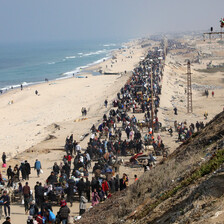 Thousands of people walk along a beach