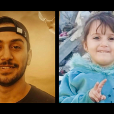 Two portrait photos side by side, a young man wearing a backward baseball cap and a toddler in a blue jumper smiling