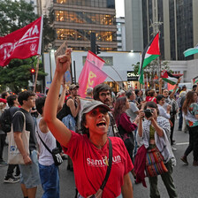A woman holds her hand during a Palestine protest