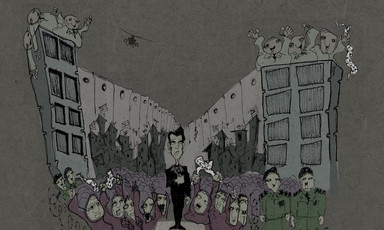 Editorial illustration shows Arab Idol winner in front of fans, police, towers and Israeli wall and helicopters