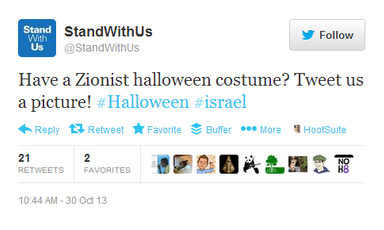 StandWithUs tweet soliciting photos of Zionist Halloween costumes