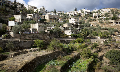 Landscape view of terraced land and stone houses
