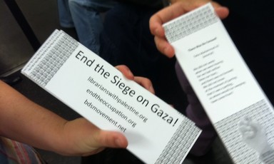 Bookmarks by information workers in New York, calling attention to Israeli abuses in Gaza