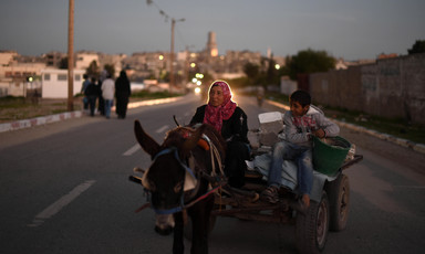 Woman and boy ride on cart pulled by donkey through a street as the sun sets