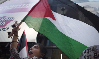Adolescent girl holding Palestine flag chants during a protest