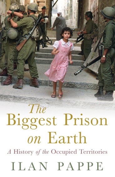 Cover of The Biggest Prison on Earth illustrated with photo of young girl wearing pink dress standing between heavily armed soldiers