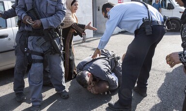 Elderly woman gestures her arm towards police officer as he stands over another officer who has pinned man to the ground