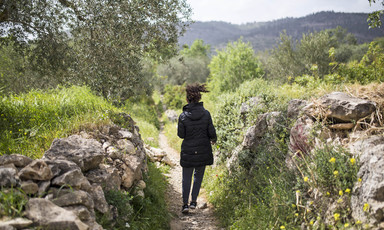 Girl seen from behind walking on path