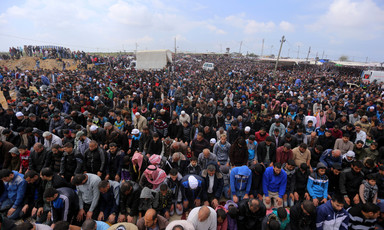 Huge crowd of worshippers performs prayers in Gaza. 