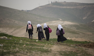 Four students walking on a hill with their backpacks.